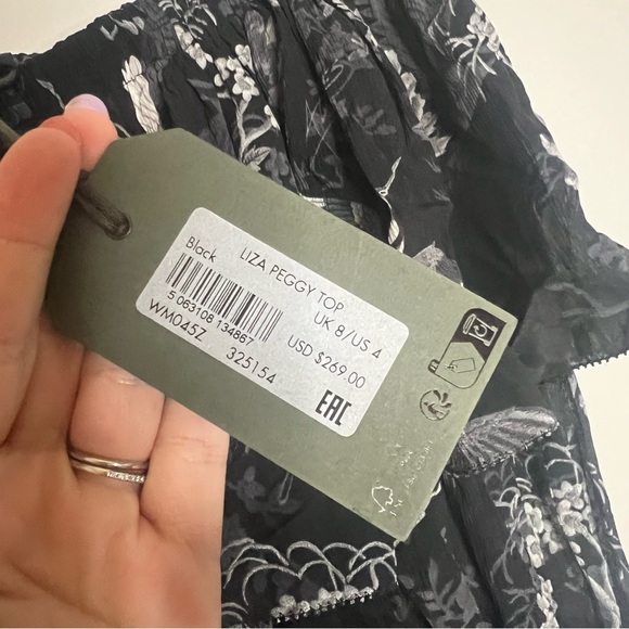 NEW Allsaints Liza Peggy Floral Off Shoulder Top Black Women's Size US 4 - Picture 8 of 9